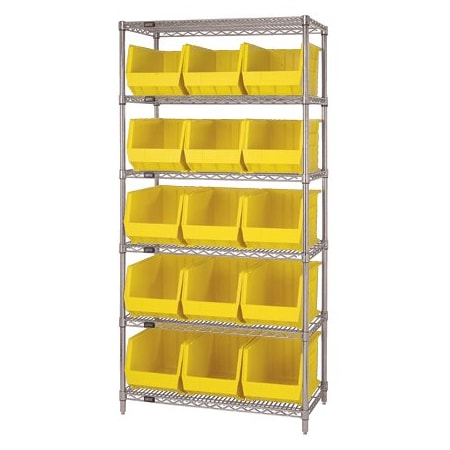 Bsc Preferred 36 x 18 x 74'' - 6 Shelf Wire Shelving Unit with 15 Yellow Bins WSBQ260Y